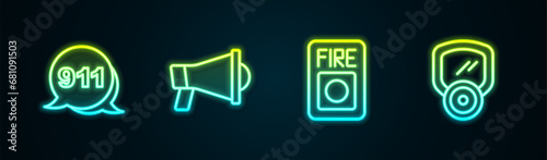 Set line Emergency call 911, Megaphone, Fire alarm system and Gas mask. Glowing neon icon. Vector photo