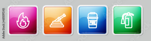 Set line Fire flame, hose reel, bucket and extinguisher. Colorful square button. Vector