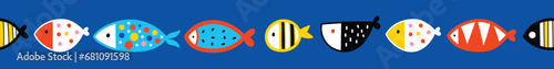 Blue vector seamless horizontal border with fish.