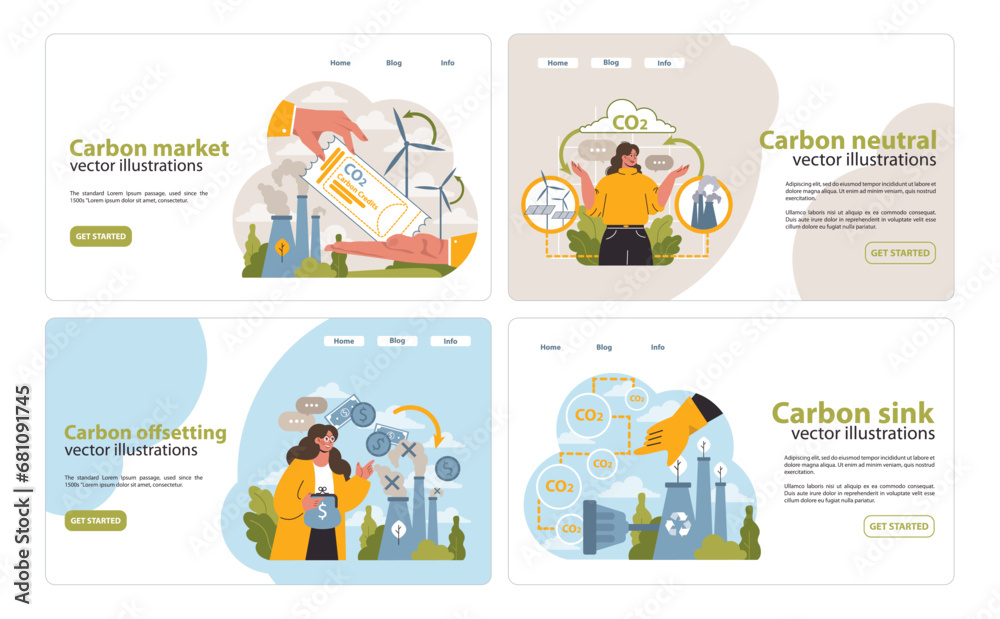 Web banners on climate solutions web or landing set. Hand showcases market strategies, woman explores offsetting, eco-balanced life, and forest as CO2 absorbent. Eco initiatives. Flat vector