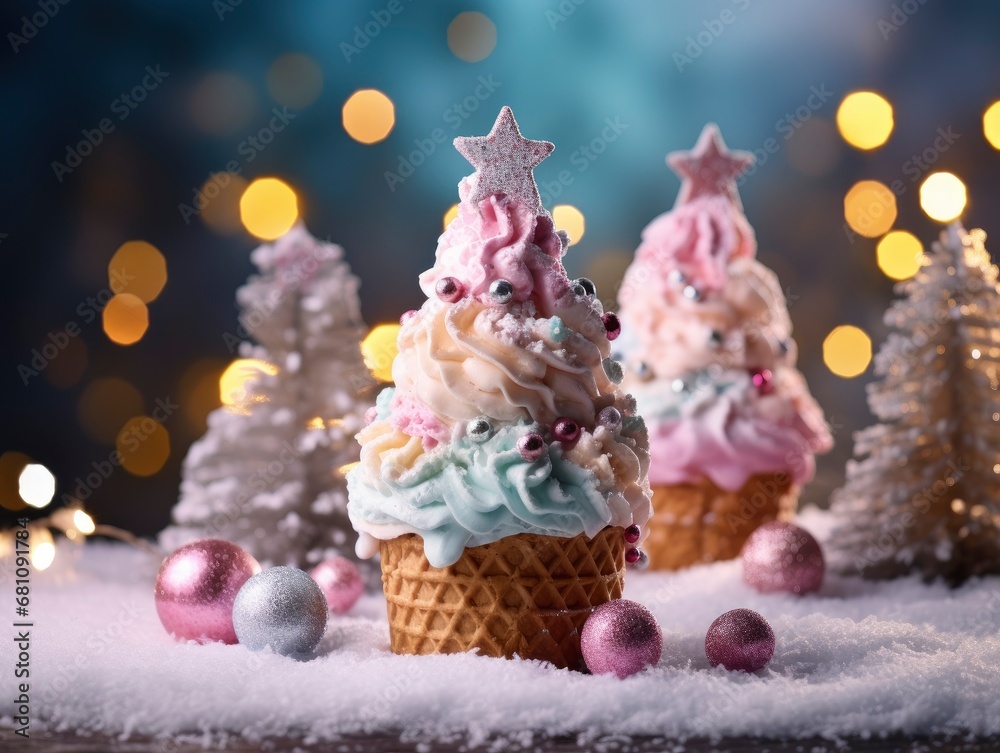 Magical ice cream in form of Christmas tree on a festive background Magical ice cream in form of Christmas tree on a festive background