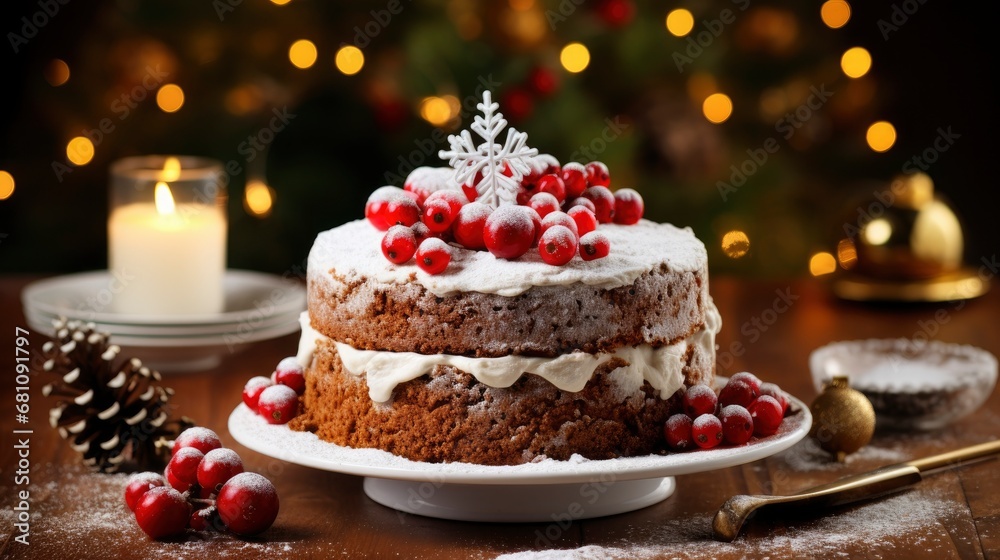 Tasty sweet Christmas cake on a festive decorated table
