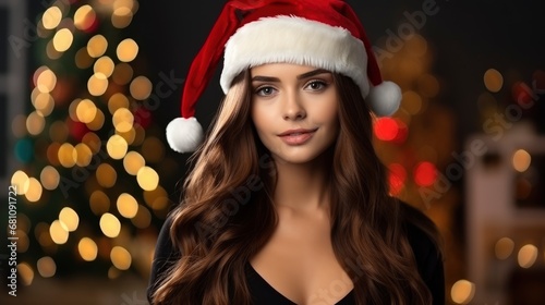 Young pretty smiling woman in Christmas sweater and Santa hat on festive background