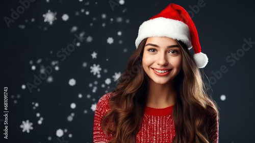 Young pretty smiling woman in Christmas sweater and Santa hat on festive background