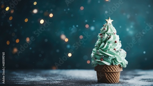 Magical ice cream in form of Christmas tree on a festive background