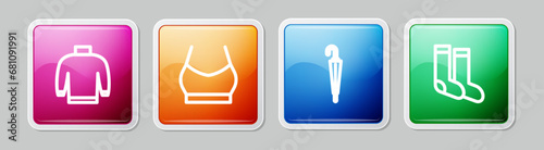 Set line Sweater, Female crop top, Umbrella and Socks. Colorful square button. Vector