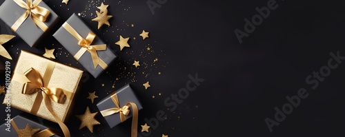 Christmas gifts and decorations, top view, on a dark background, copy space, Christmas banner.