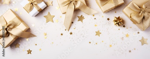 Christmas gifts and decorations, top view, on a light background, copy space, Christmas banner.
