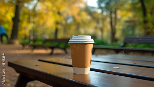 Coffee cups are on a wooden table with a city park in the background.