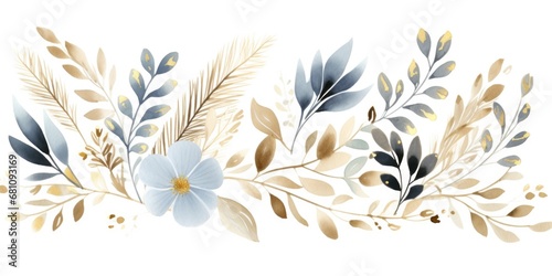 A beautiful watercolor painting depicting various flowers and leaves on a clean white background. This versatile image can be used for a wide range of purposes.