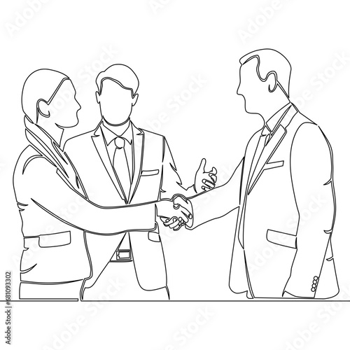 Continuous line drawing three office workers introducing and greeting icon vector illustration concept