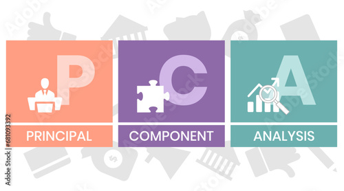 PCA, Principal Component Analysis acronym. Concept with keyword and icons. Flat vector illustration. Isolated on white
