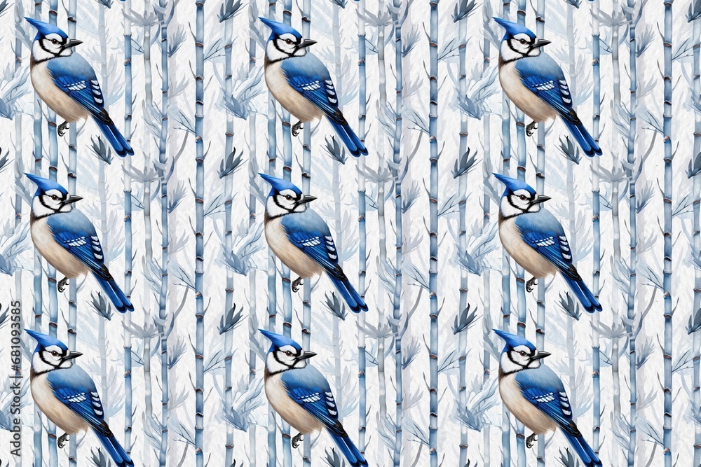 Fototapeta premium Winter dream junk journal digital papers. Winter Songbirds Snow Forest Blue Background for wallpaper, planner, journal, Scrapbooking, and more.