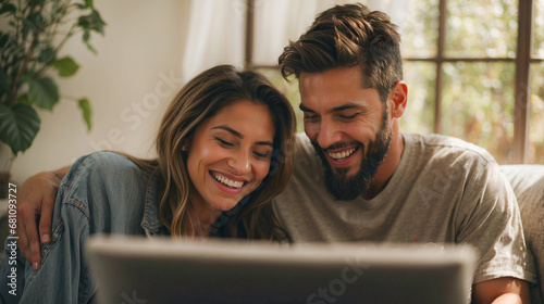 Young multiracial couple laughing looking at laptop sitting on sofa at home, happy diverse husband and wife using online services on internet, technology lifestyle concept, space for text photo