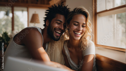 Young multiracial couple laughing looking at laptop sitting in beautiful bright space, happy diverse husband and wife using online services on internet, technology lifestyle concept, space for text photo