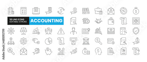 Set of 50 Accounting line icons set. Accounting outline icons with editable stroke collection. Includes Accountant, Cash Flow, Bank, Risk, Audit and More.