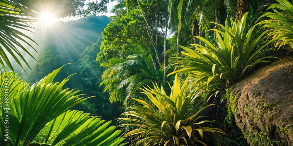 Fototapeta premium Jungle on a sunny day. Beautiful tropical rainforest illustration with exotic plants, flowers, palms, big leaves and ferns. Bright sunbeams. Background with pristine nature landscape. Generative AI