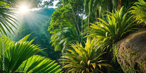 Jungle on a sunny day. Beautiful tropical rainforest illustration with exotic plants  flowers  palms  big leaves and ferns. Bright sunbeams. Background with pristine nature landscape. Generative AI