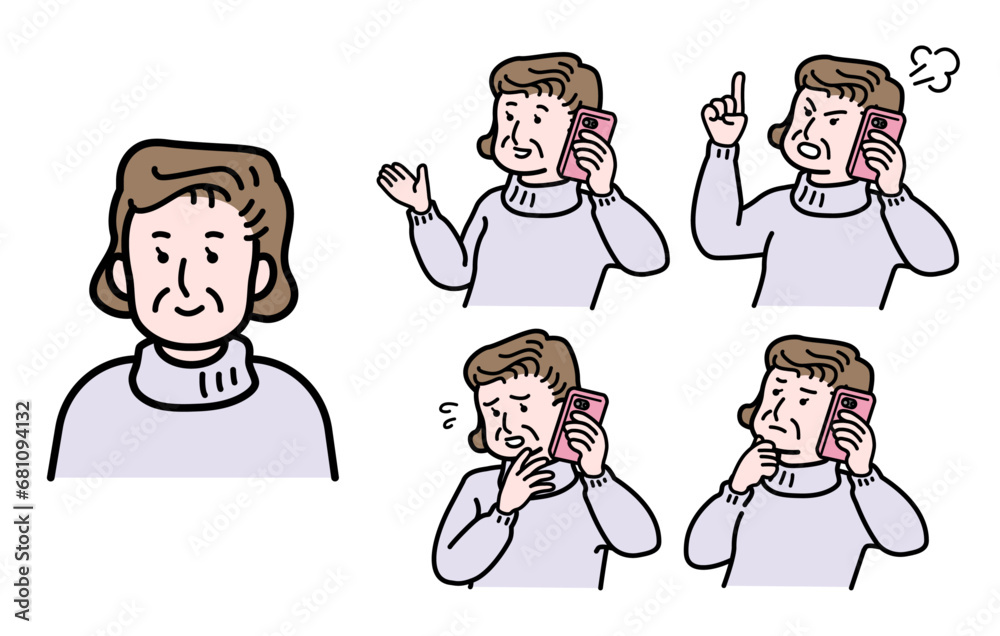 電話をかけているシニア女性の喜怒哀楽の表情４点と正面バストアップショットのイラストセット