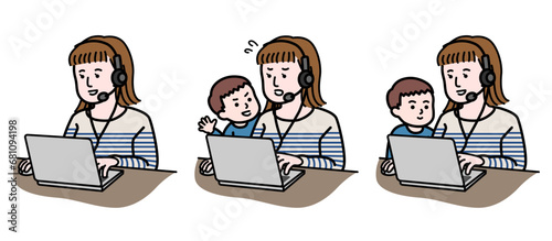 小さい子供の面倒を見ながら在宅勤務をする若い女性のイラストセット