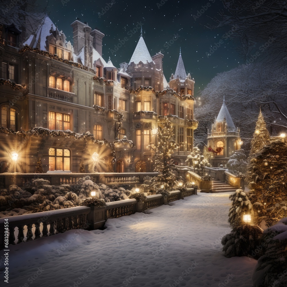 A Medieval Castle Aglow with Holiday Splendor, generative AI 