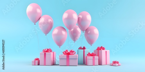 3d rendering of promotion sale with gifts and balloon on minimal pink blue background