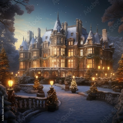 A Medieval Castle Aglow with Holiday Splendor, generative AI 