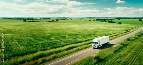  A White Truck Drives Through  Green Hills and Forests, Symbolizing Sustainable Transportation Eco-Friendly Journey: horizontal background, copy space for text 