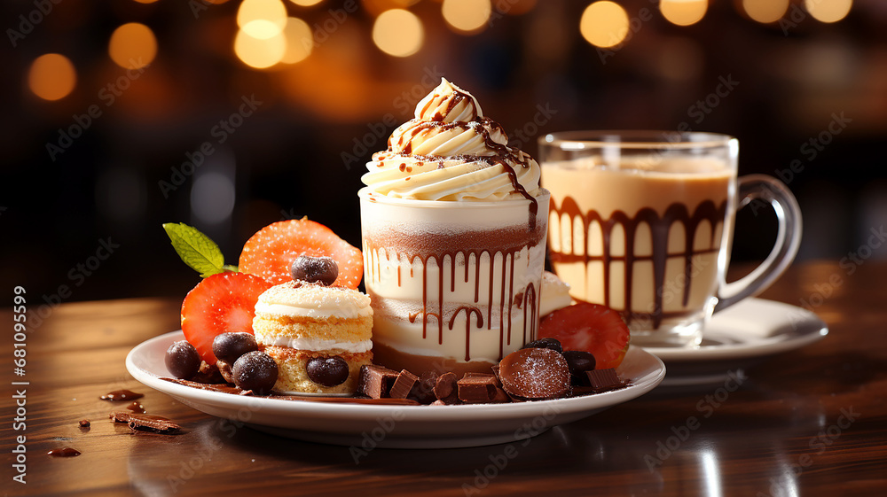 Conceptual still life with sweet dessert - cakes and drinks Conceptual still life with sweet dessert - cakes and drinks