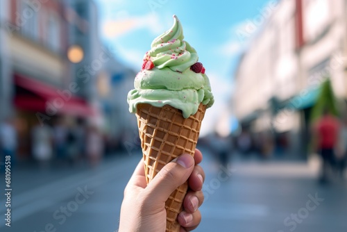 The Joyful Moment of Ice Cream Delight on a Vibrant Urban Boulevard