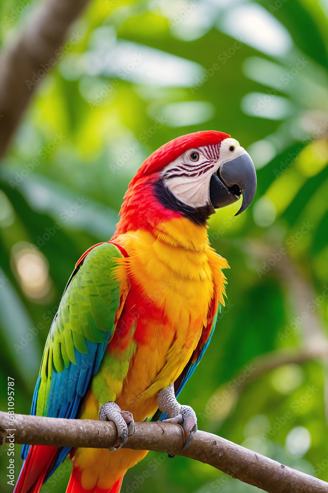 Colorful tropical ara parrot in jungle on a sunny day. Rainforest illustration with bright beautiful macaw among exotic plants with big leaves. Background with pristine nature landscape. Generative AI