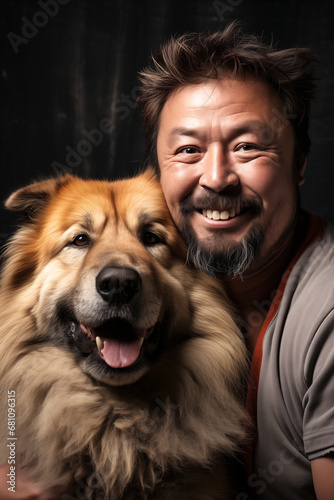 Asian man and a big brown dog happy together. Close-up portrait of a pet and an owner hugging and smiling. AI-generated © Punkbarby