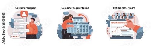 Expert customer support handling inquiries, advanced segmentation for target marketing, and calculating net promoter scores for brand loyalty insights. Client-centric strategies. Flat vector.