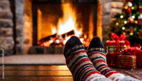Feet in wool socks and fireplace in background with Christmas decoration