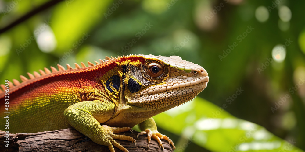 Tropical lizard in jungle on a sunny day. Rainforest illustration with bright colorful reptile among exotic plants with big leaves. Background with pristine nature landscape. Generative AI