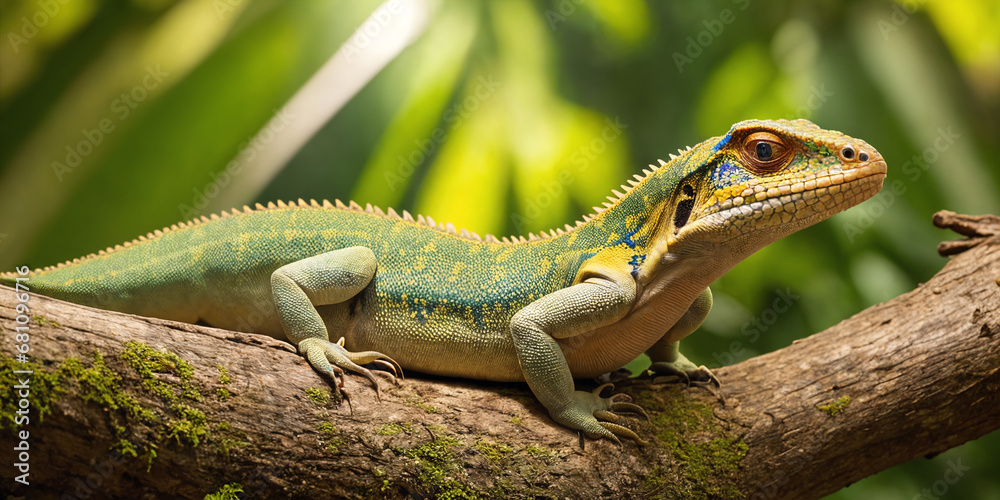 Fototapeta premium Tropical lizard in jungle on a sunny day. Rainforest illustration with bright colorful reptile among exotic plants with big leaves. Background with pristine nature landscape. Generative AI