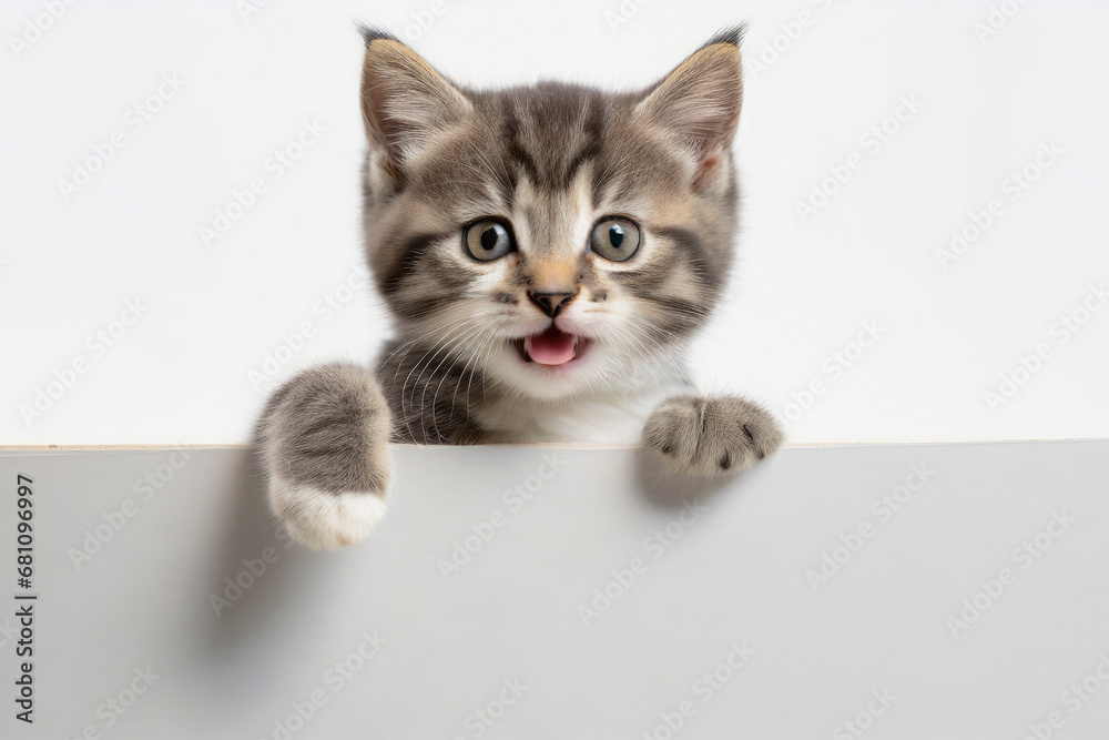 kitten on white background with blank white banner kitten on white background with blank white banner