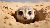 A curious meerkat peeking out from a burrow in the desert.