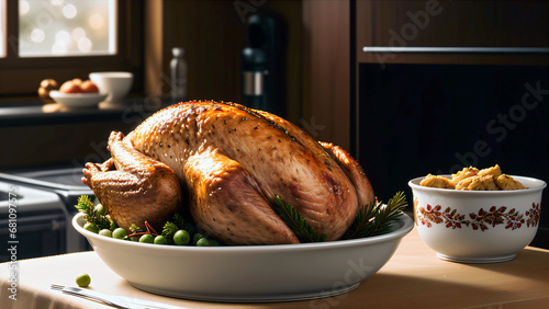 Fototapeta Naklejka Na Ścianę i Meble -  Une dinde noel appétissante juste sortie du four de la cuisine