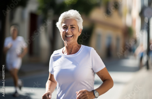 Active positive elderly gray-haired woman on a morning jog in the city