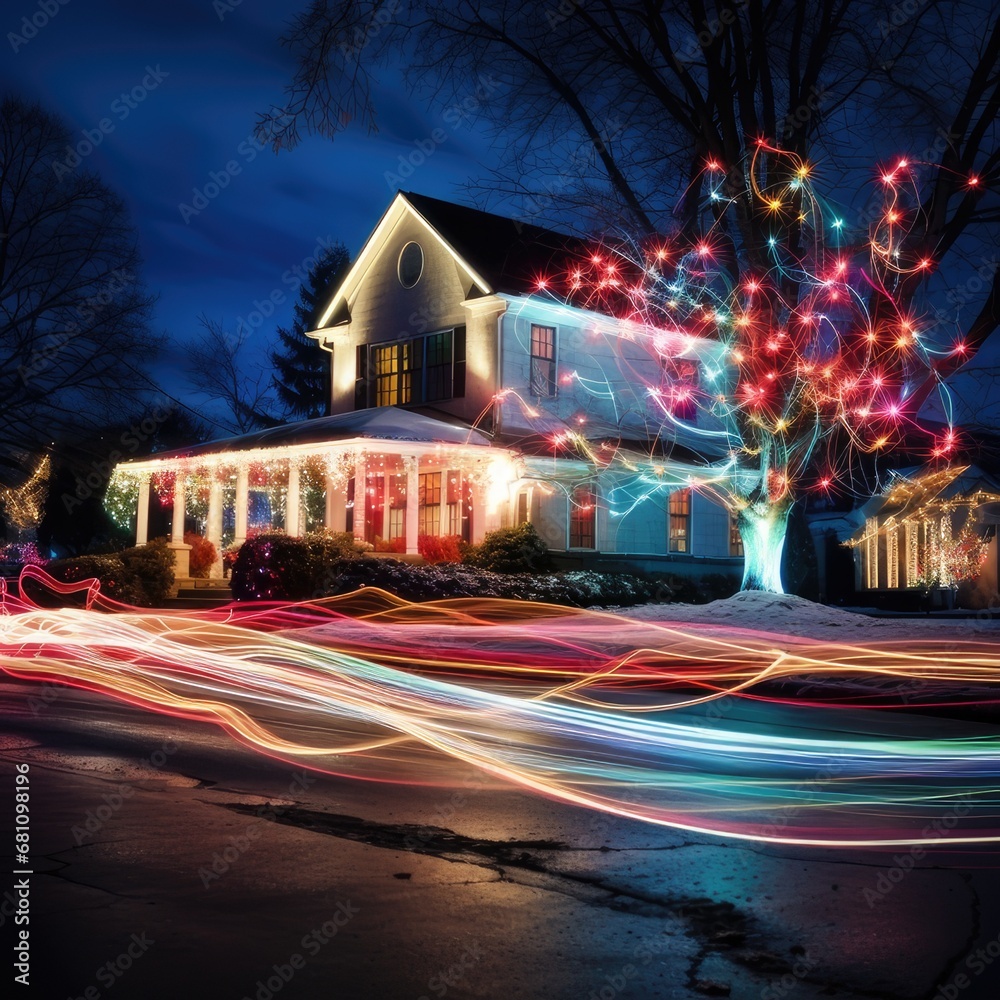 Enchanting Glow: Long Exposure Capture of Vibrant Christmas Lights, generative AI