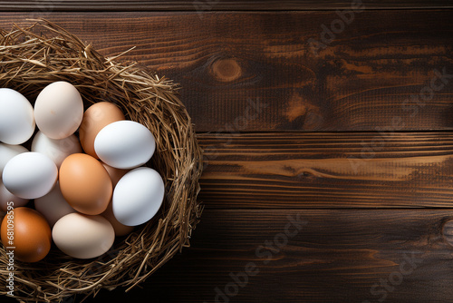 Fresh chicken eggs in a wicker basket on a wooden table