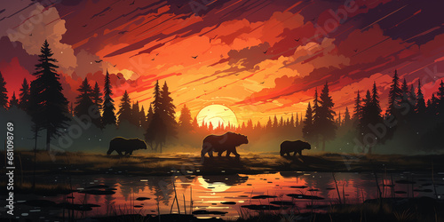 sunset in the forest with bears walking digital art wallpaper © Ryuji