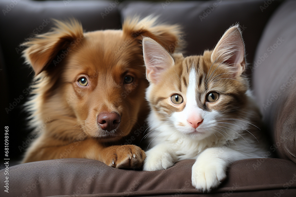 Cute dog with cat on sofa in the house