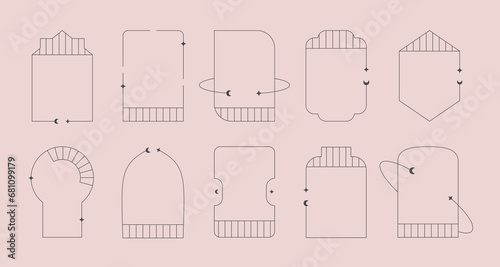 Minimal aesthetic linear frames, arches with decorative stars, moons. Boho geometric vector window, door set