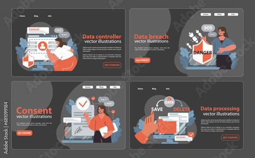 Data privacy set. Control over personal data, awareness of breaches, and securing consent. Responding to threats, ensuring secure processing. User data management. Flat vector illustration