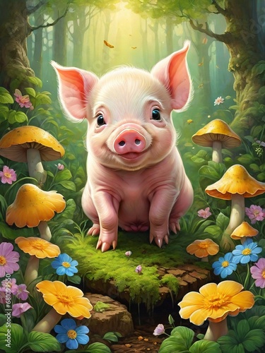 Painting of a cute pig in the forest, Ai