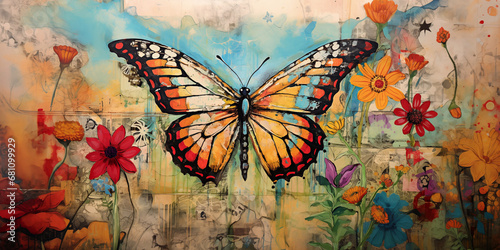 A patchwork collage of a abstract butterfly. A assemblage of textured elements. Vibrant colours © el-bee