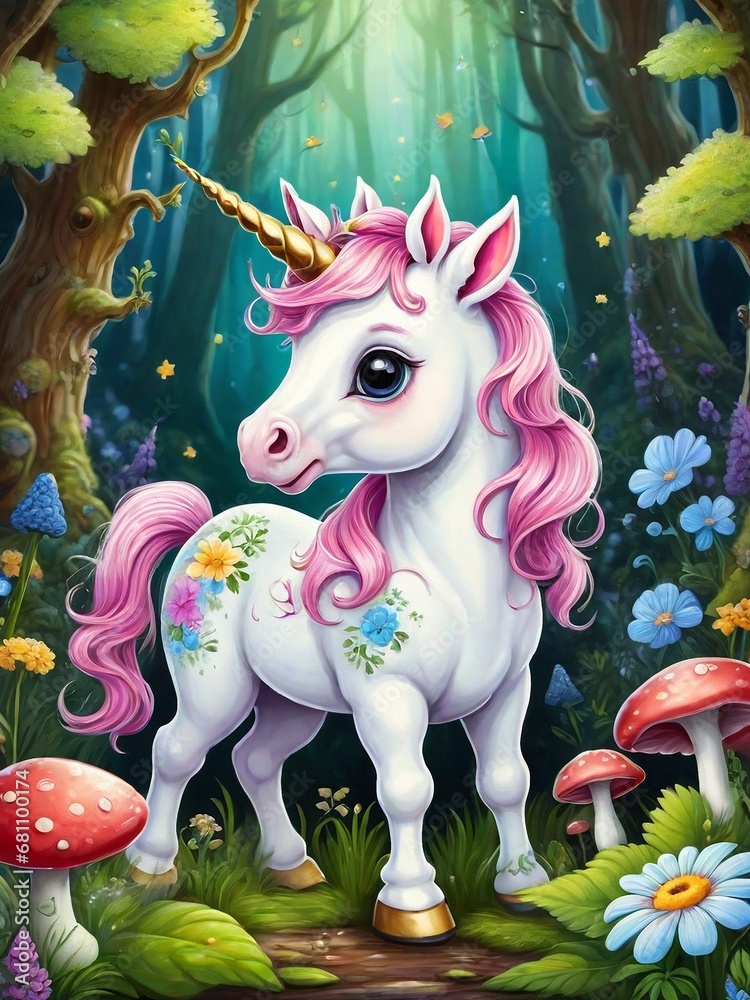 Naklejka premium Painting of a beautiful unicorn in the forest, Ai