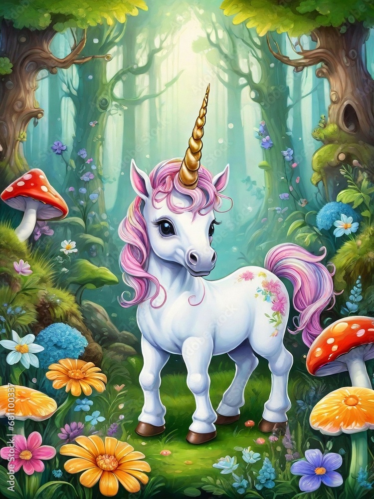 Fototapeta premium Painting of a beautiful unicorn in the forest, Ai